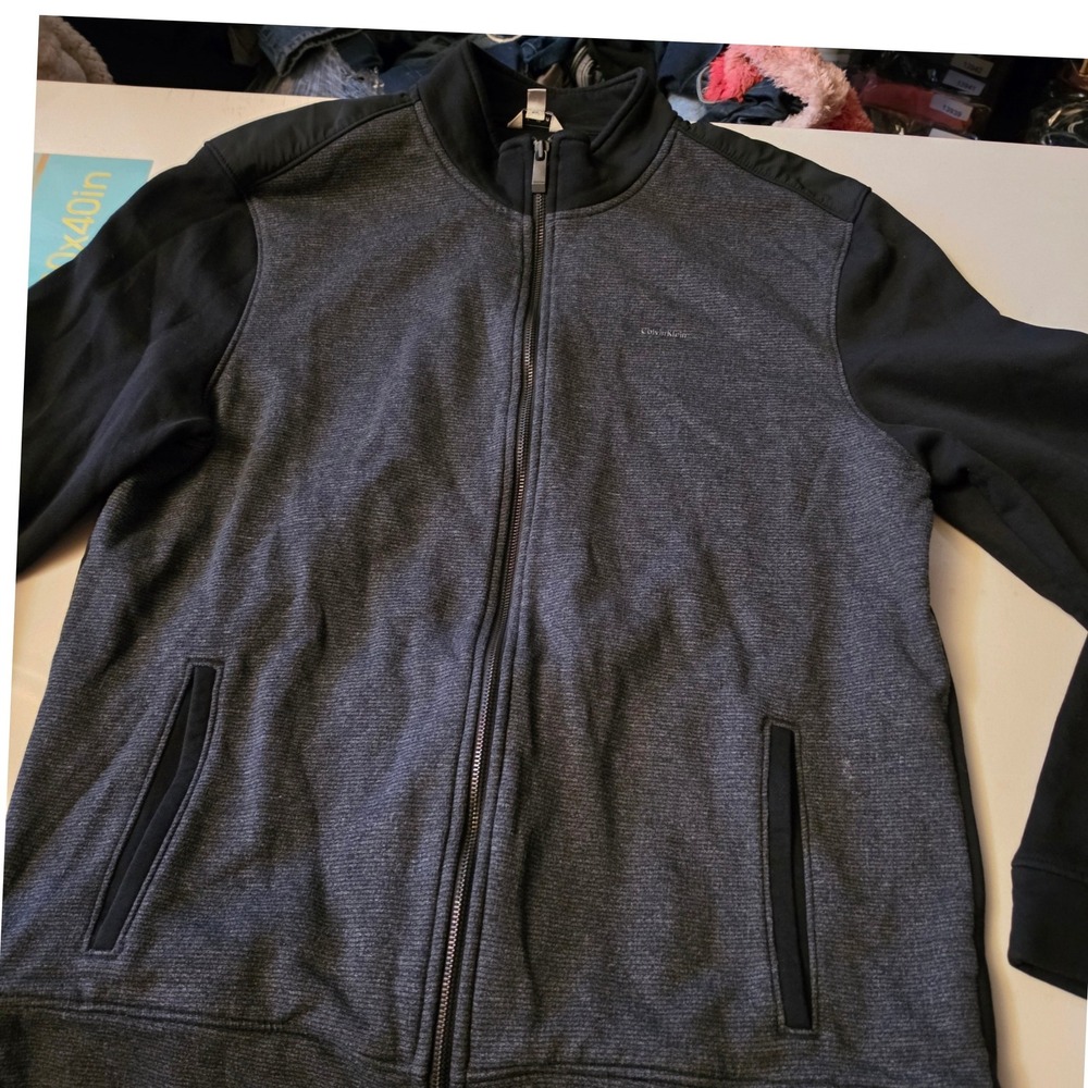 Calvin Klein Mens Full Zip Jacket Grey Black Mixed Media Fleece Mock Neck L